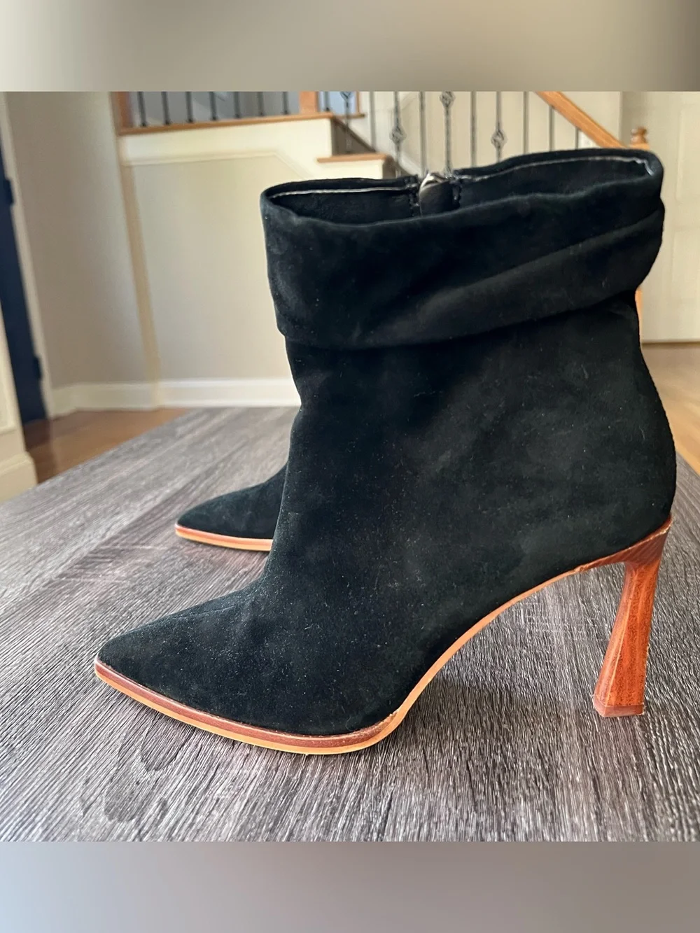 Vince Camuto Black Suede Pointed Ankle Booties with Wood Stacked Heel | Size 8
